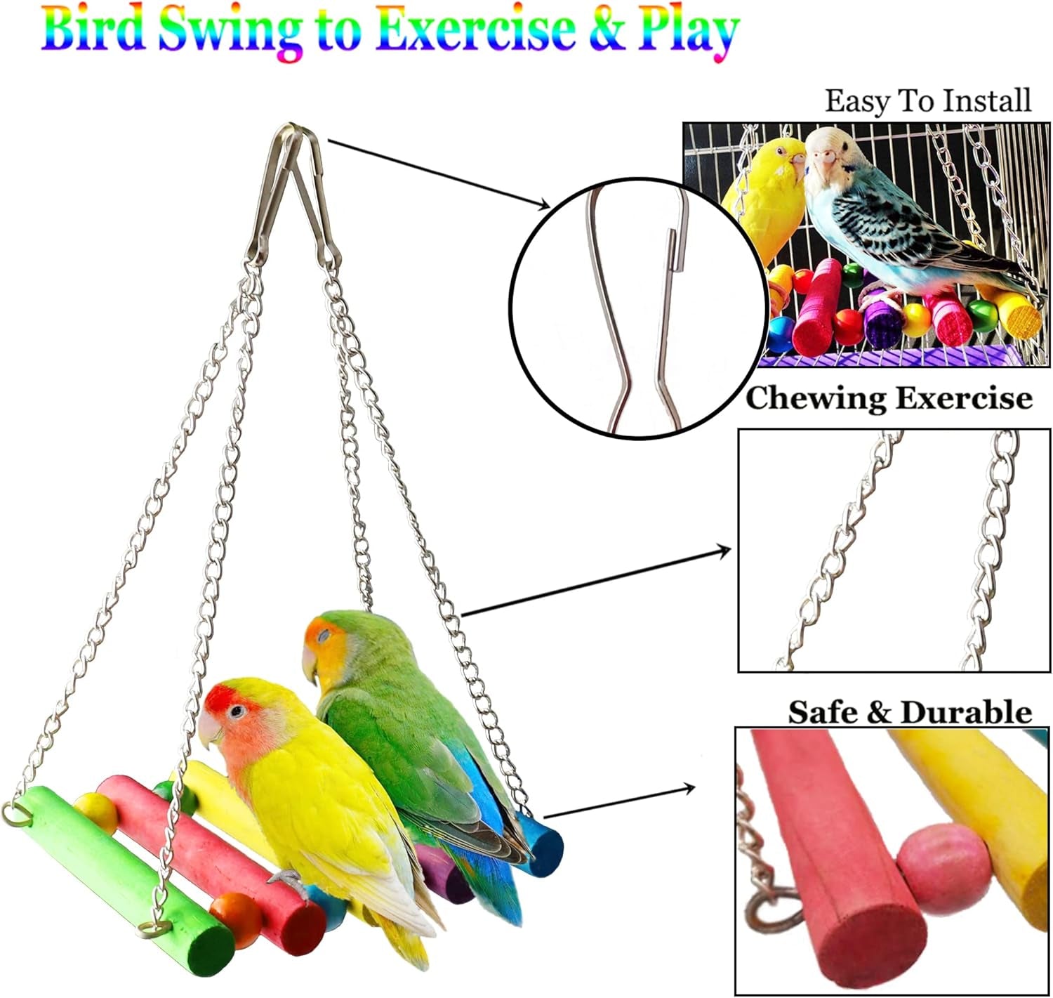 8 Pcs Parakeet Cockatiel Bird Toys, Parrots Cage Accessories Swing Wooden Perch Chewing Toy for Budgerigar, Conures, Love Birds, Finches, Budgies