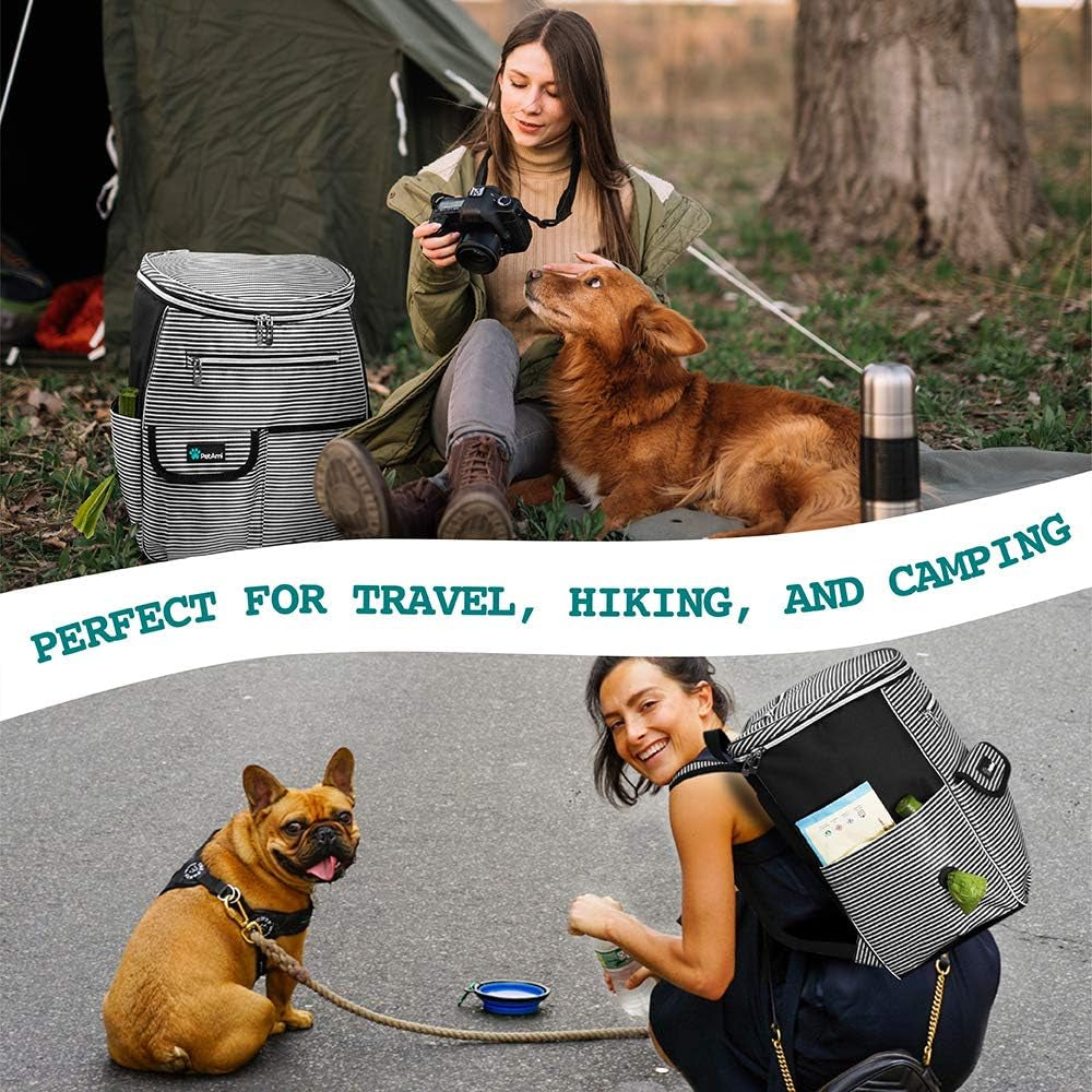Dog Travel Bag Backpack | Backpack Organizer with Poop Bag Dispenser, Multi-Function Pocket, Food Container Bag, Collapsible Bowl (One Size, Stripe Black)