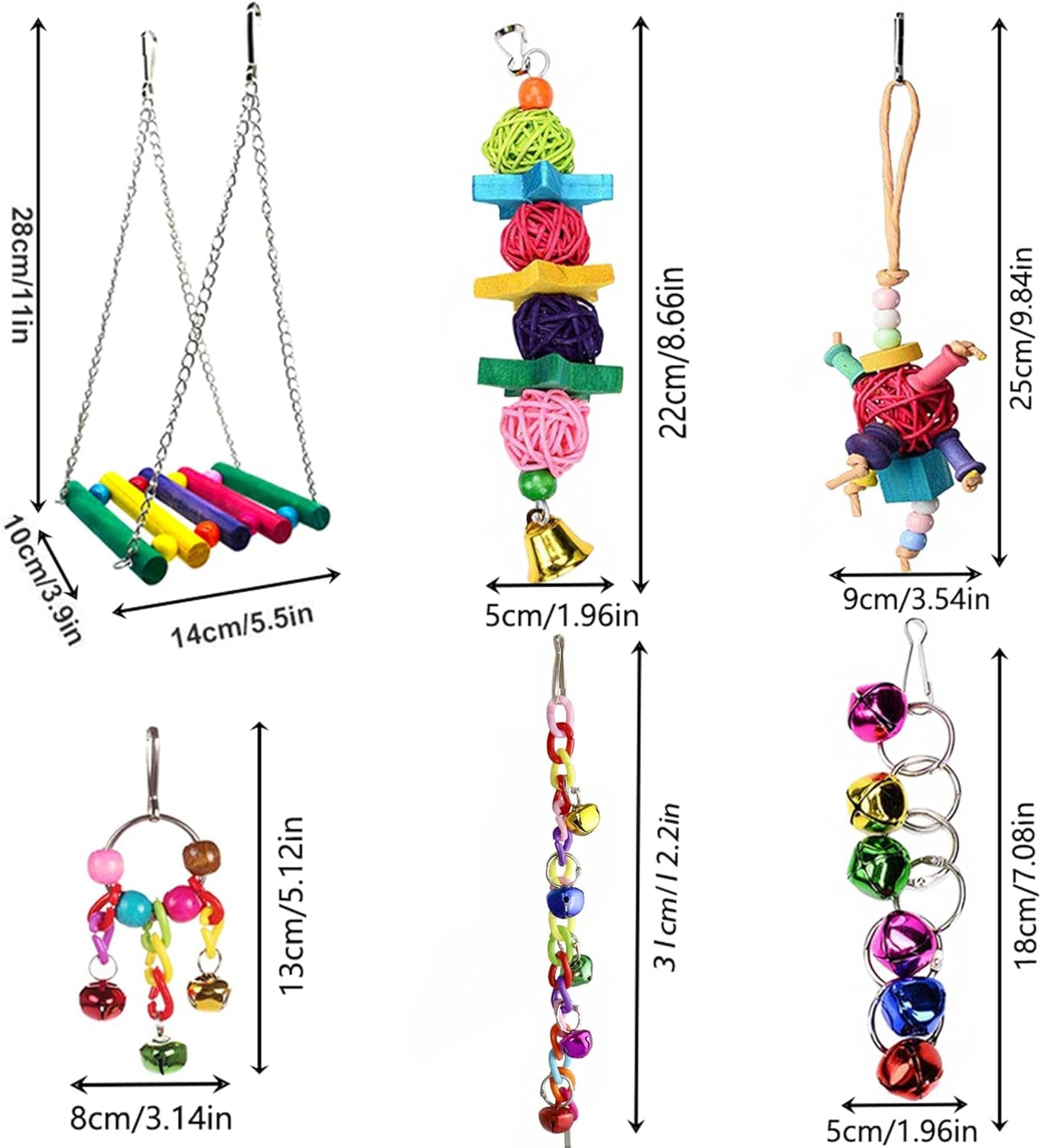 8 Pcs Parakeet Cockatiel Bird Toys, Parrots Cage Accessories Swing Wooden Perch Chewing Toy for Budgerigar, Conures, Love Birds, Finches, Budgies