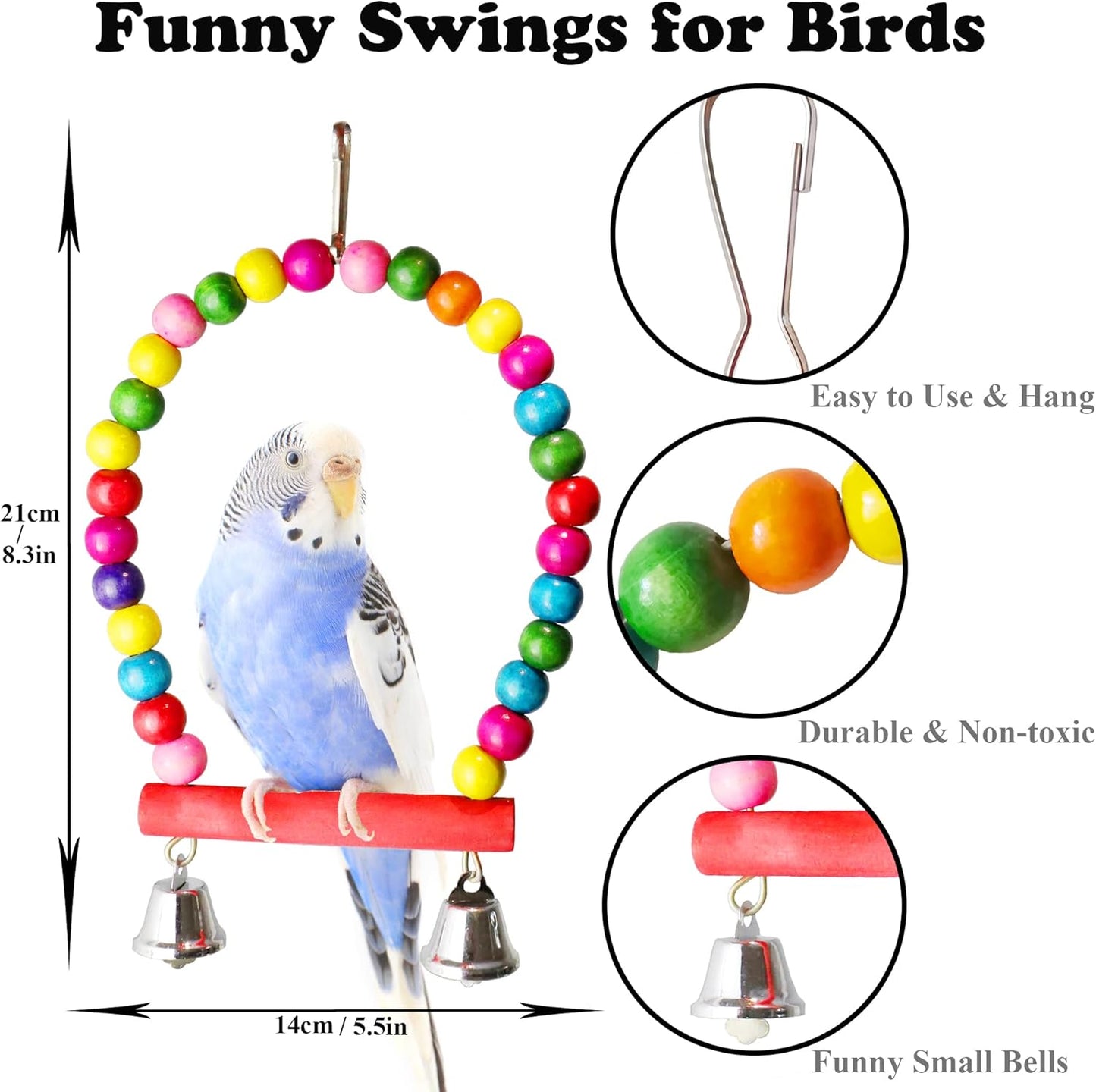 8 Pcs Parakeet Cockatiel Bird Toys, Parrots Cage Accessories Swing Wooden Perch Chewing Toy for Budgerigar, Conures, Love Birds, Finches, Budgies